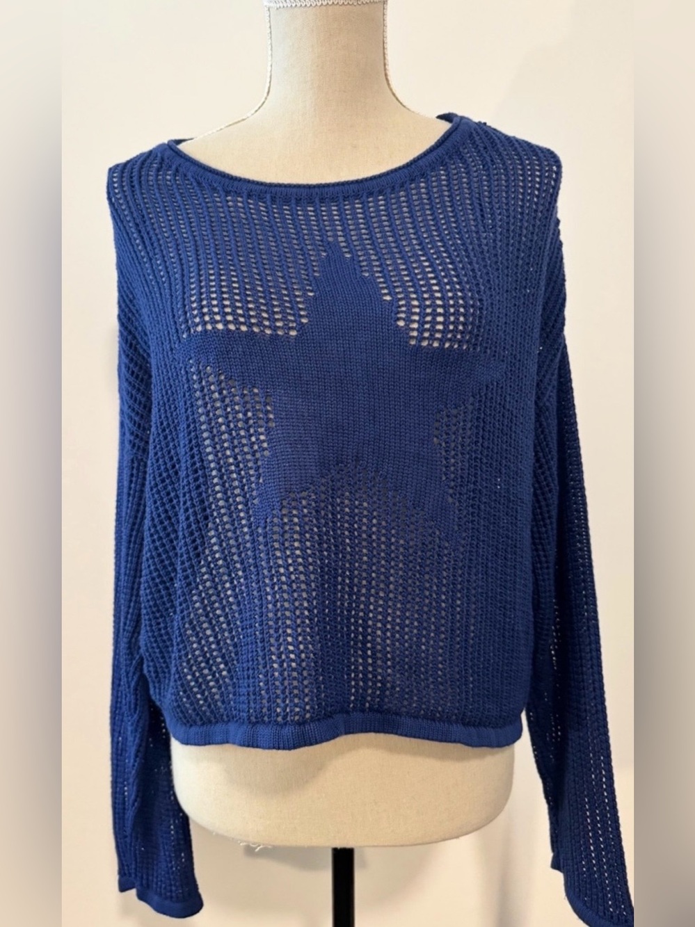 No Comment Sweater Blue Open-Knit Star Crewneck Size L